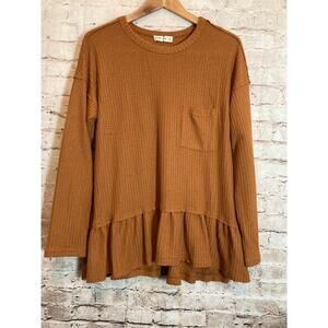 New In Lagenlook Top Womens Medium Rust Brown Waffle Ruffle Hem Thermal Boho
